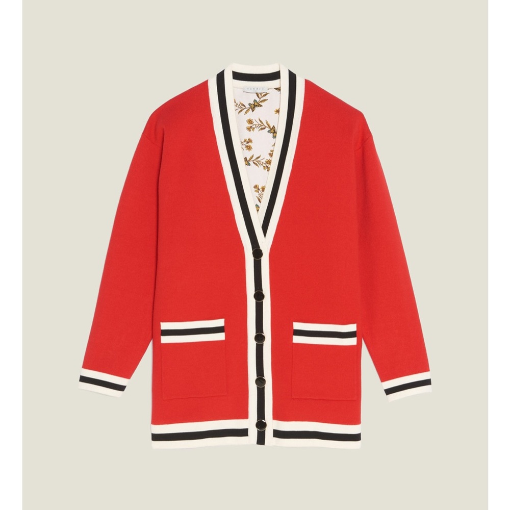Sandro Red Cardigan with Black and White Trim